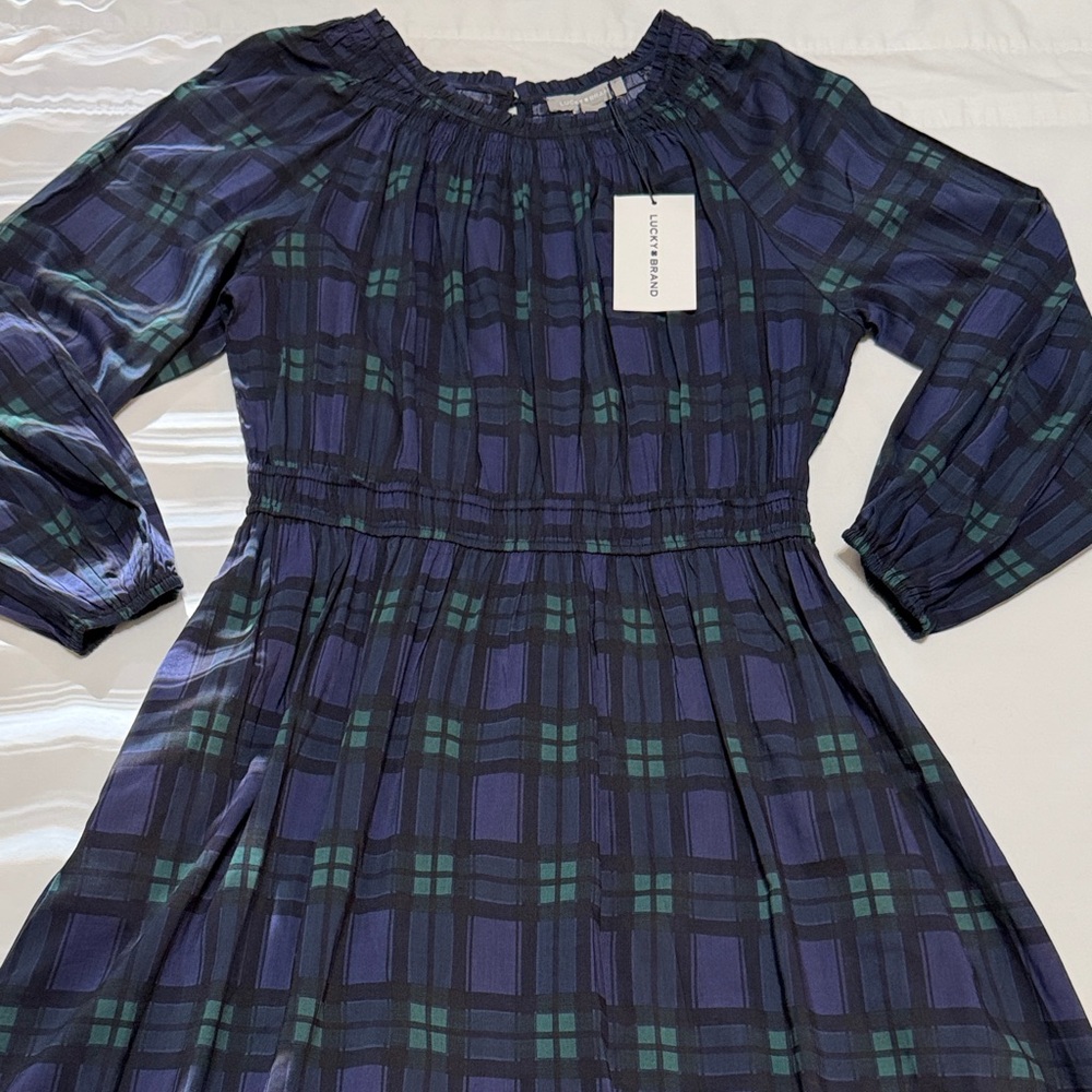 Lucky Brand Plaid Maxi Dress in Blue and Green Long Sleeves L NWT - Picture 2 of 9